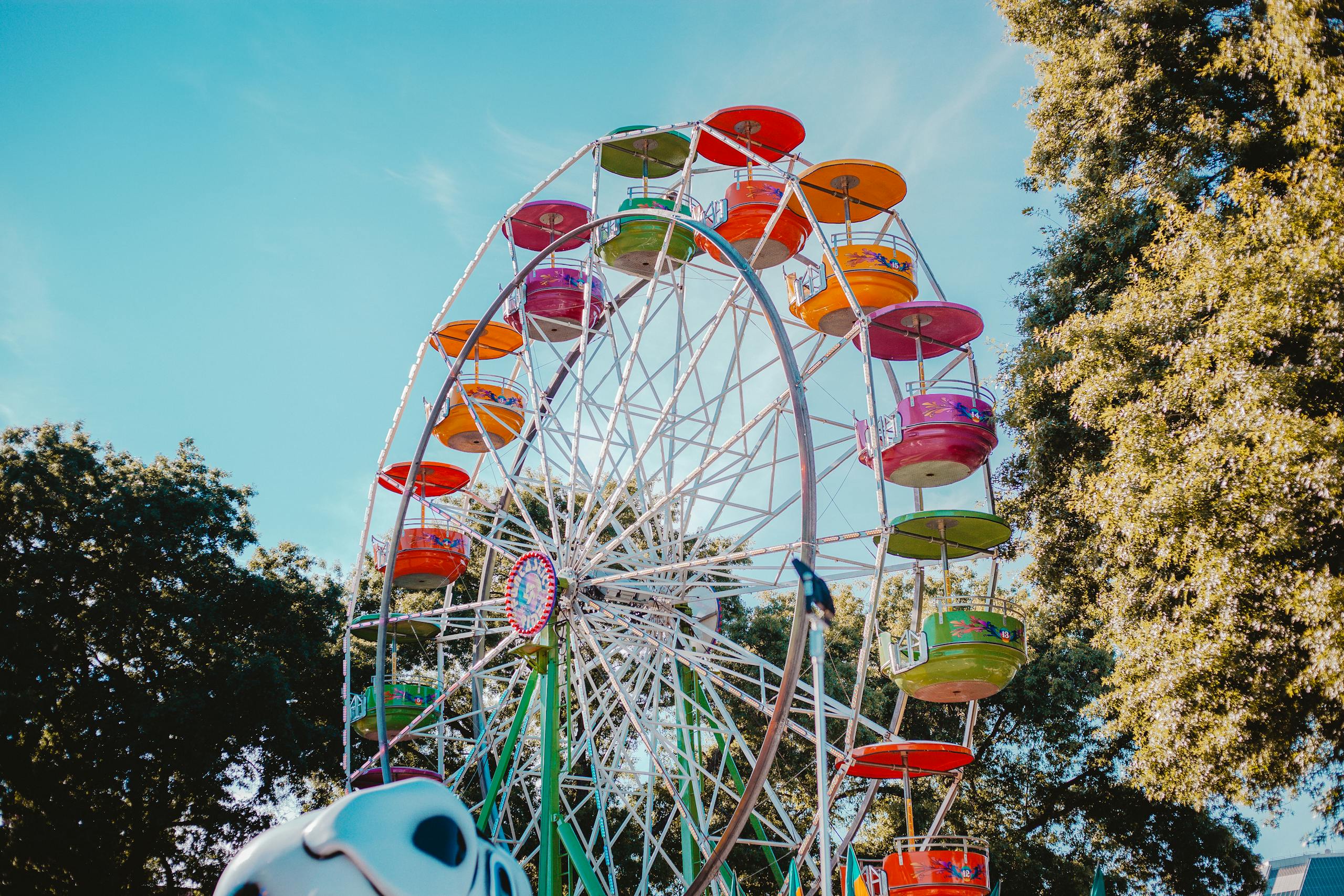 Vibrant ferris wheel at a funfair surrounded by trees, under a blue sky.